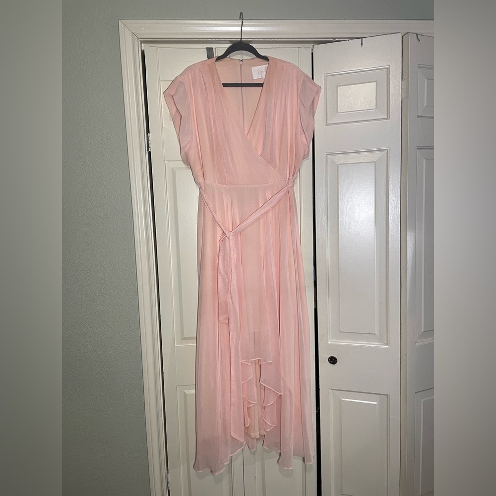 Reverie - Faux-Wrap Cap Sleeve Chiffon Hi-Lo Dress Blush Pink - 20 - EUC